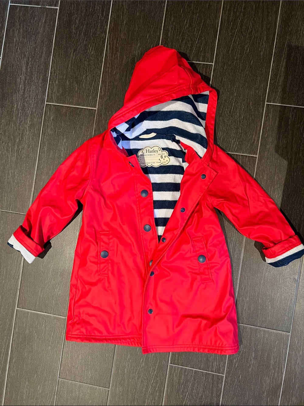 Hatley Bright Red/Coral Hooded Kids' Raincoat with Navy-Striped Terry Lining